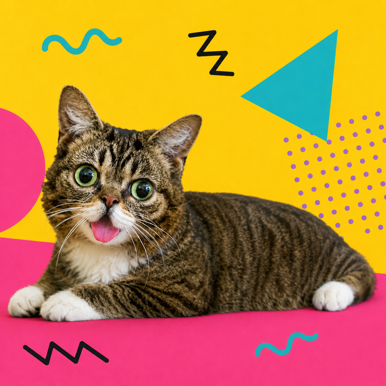 Lil Bub lying down on a bright graphic background